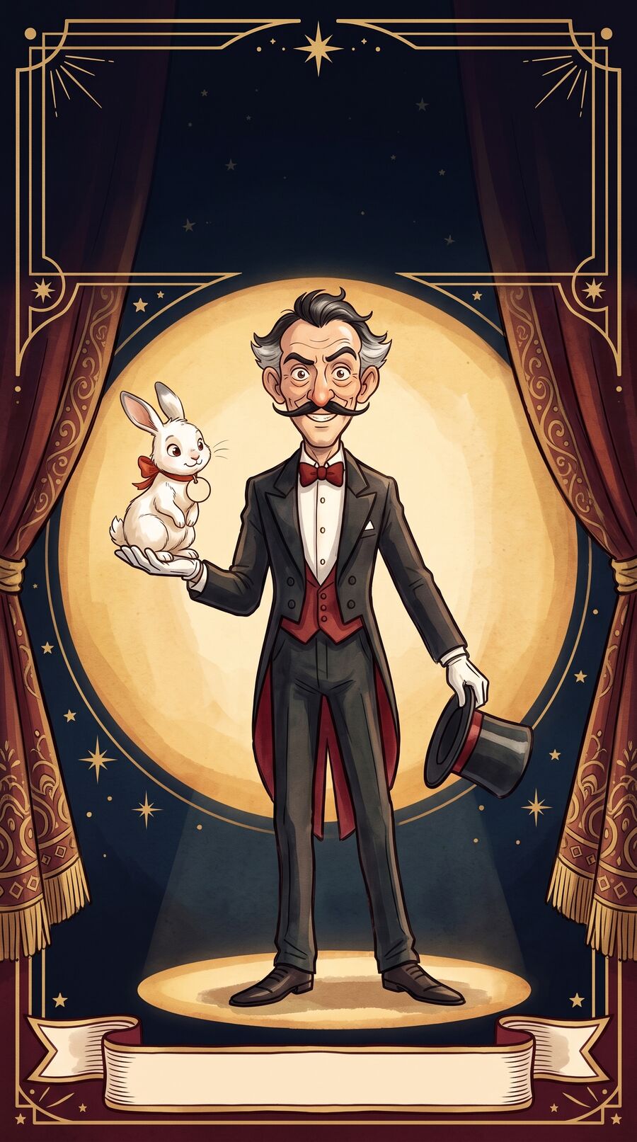 Affiche ancienne du Grand Royal, magicien en frac, tenant son lapin blanc au ruban rouge, sous un projecteur.