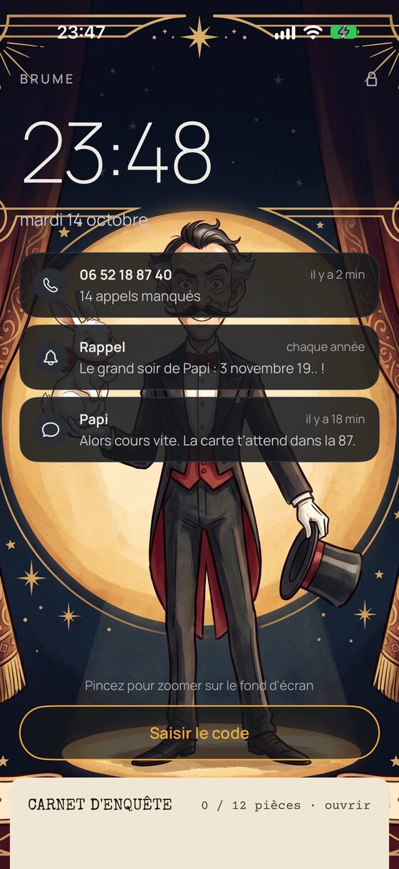 Écran verrouillé du téléphone trouvé, avec 14 appels manqués et un message de Papi.