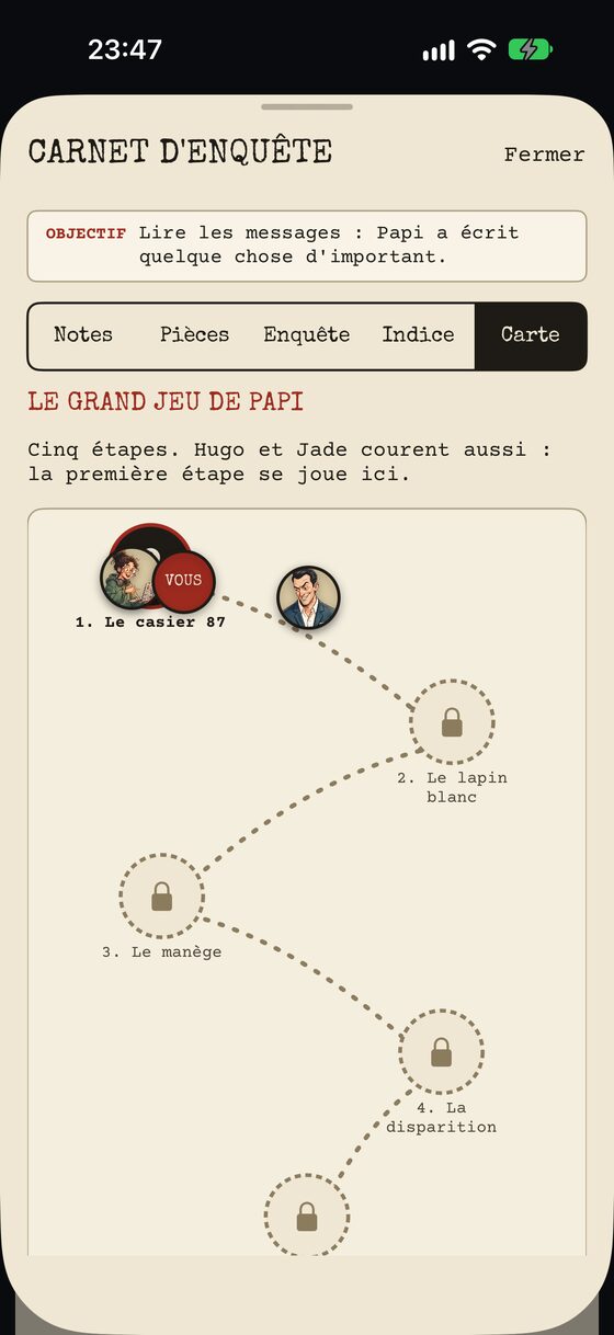 Le carnet d'enquête : la carte du Grand Jeu, avec le pion du joueur et ceux des cousins.