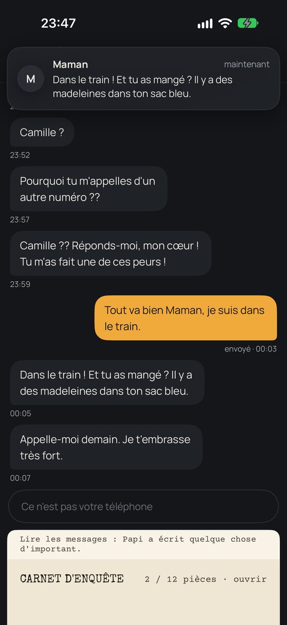Conversation avec Maman : le joueur a choisi sa réponse, Maman répond.