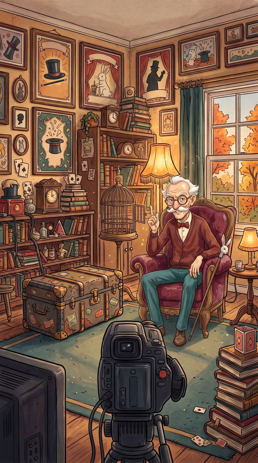 Papi, vieux magicien malicieux, assis dans son fauteuil devant un caméscope, dans un salon couvert d'affiches de music-hall.